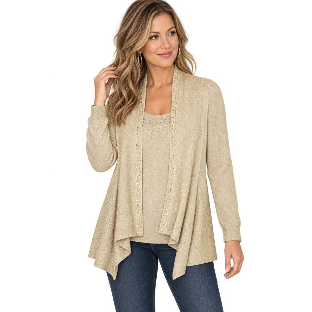 Christine Alexander Metallic Knit Twin Set Gold Rhinestone Cardigan Tank Small